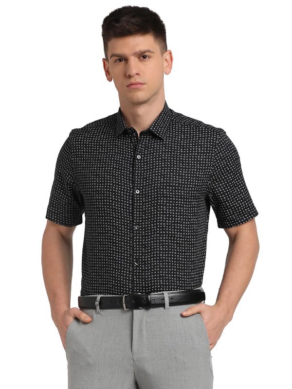 Turtle Men Cotton Tencel Black Print Regular Fit Formal Shirt