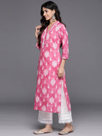 Varanga Women Pink V-Neck Collared Kurta With 3/4Th Sleeves, White Prints & Lace Detailing Around Neck