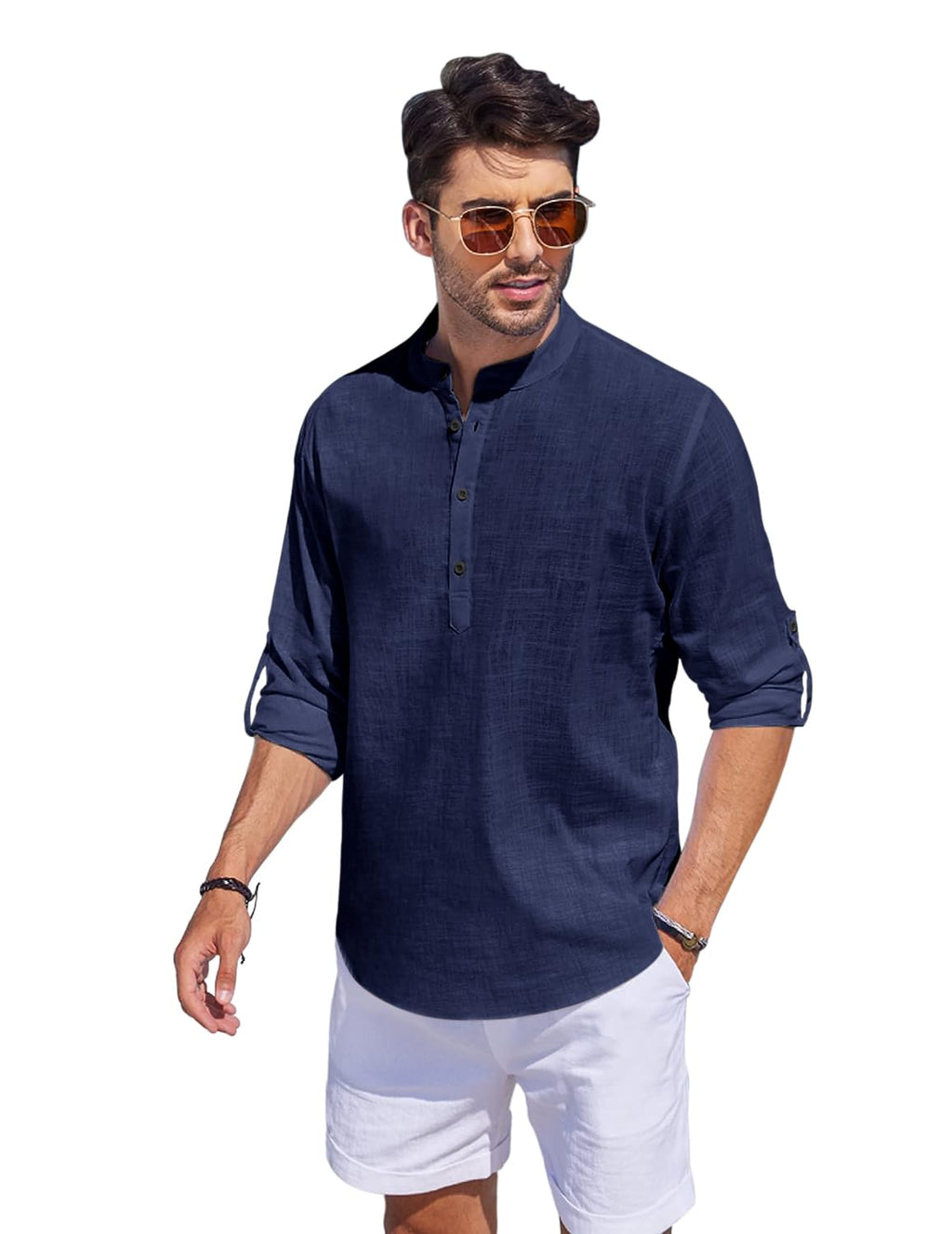 Hemrin Men Solid Cotton Blend Straight Kurta Shirt Navy Blue