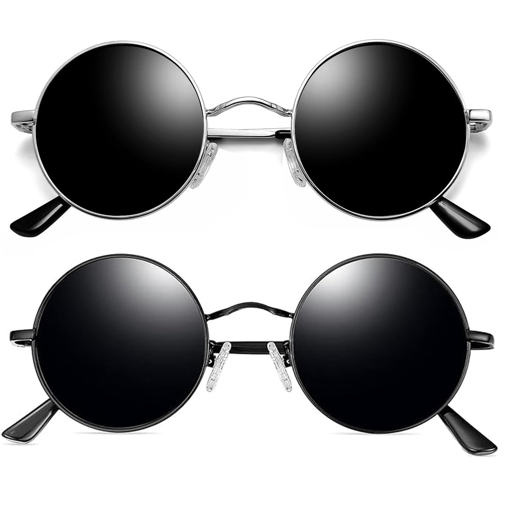 Joopin Round Sunglasses 2 Pack Small Circular Sun Glasses Polarized UV400 Circle Shades for Men and Women Halloween Costume (Bla