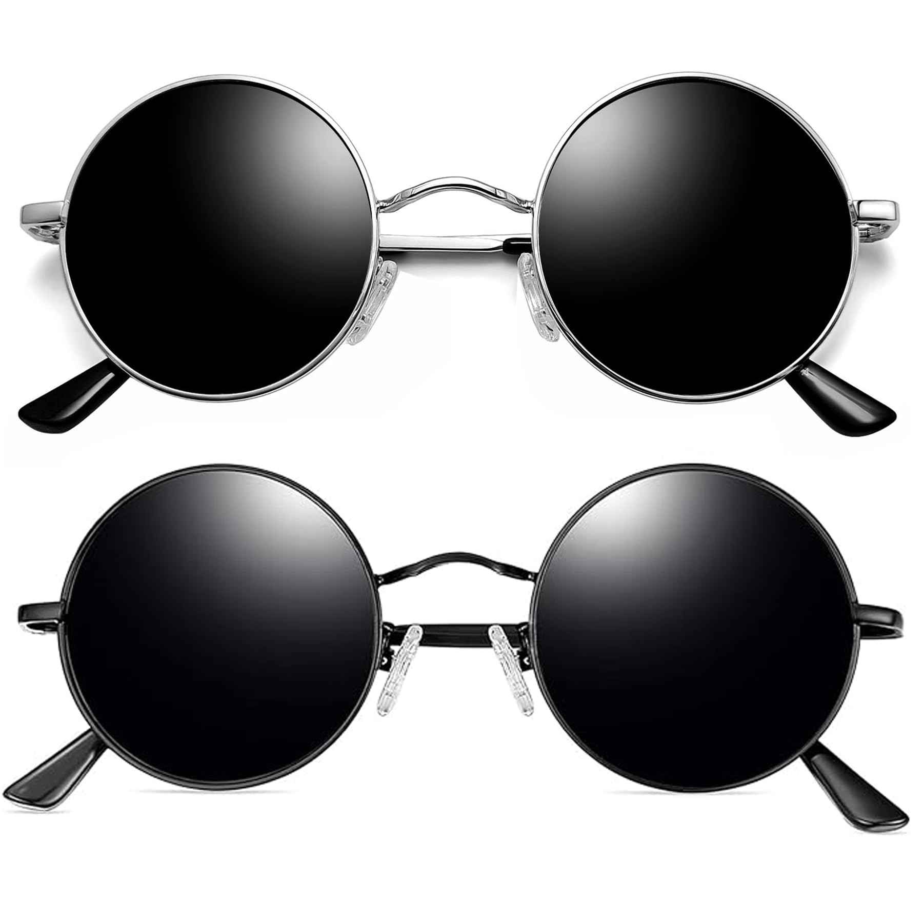 Joopin Round Sunglasses 2 Pack Small Circular Sun Glasses Polarized UV400 Circle Shades for Men and Women Halloween Costume (Bla