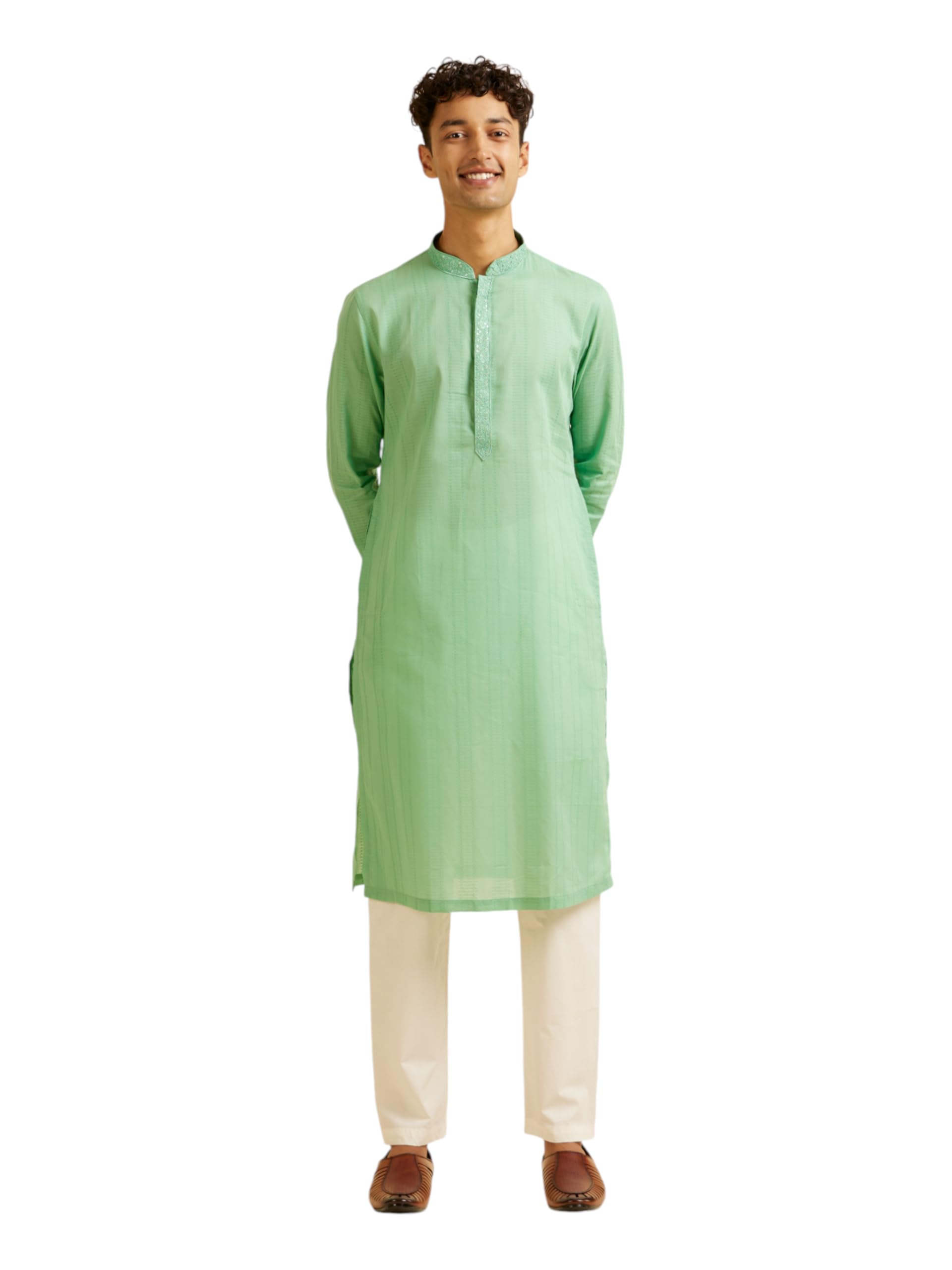 Manyavar Mens Cotton Embroidered Kurta Pyjama Set (Green,S)