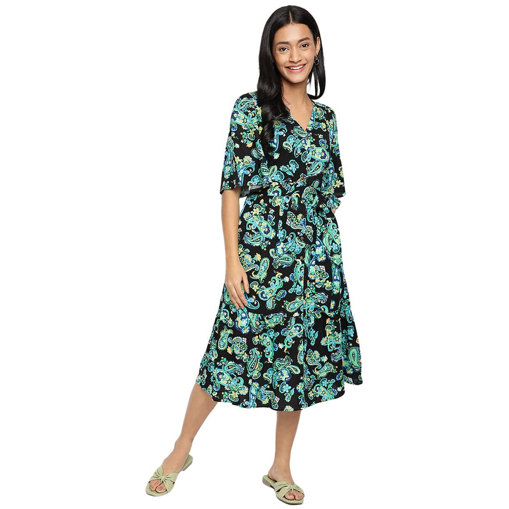 Fabindia WomenS Viscose Blue Cotton Printed Hand Block Print Kaftan Calf Length Dress (102617501_Multi