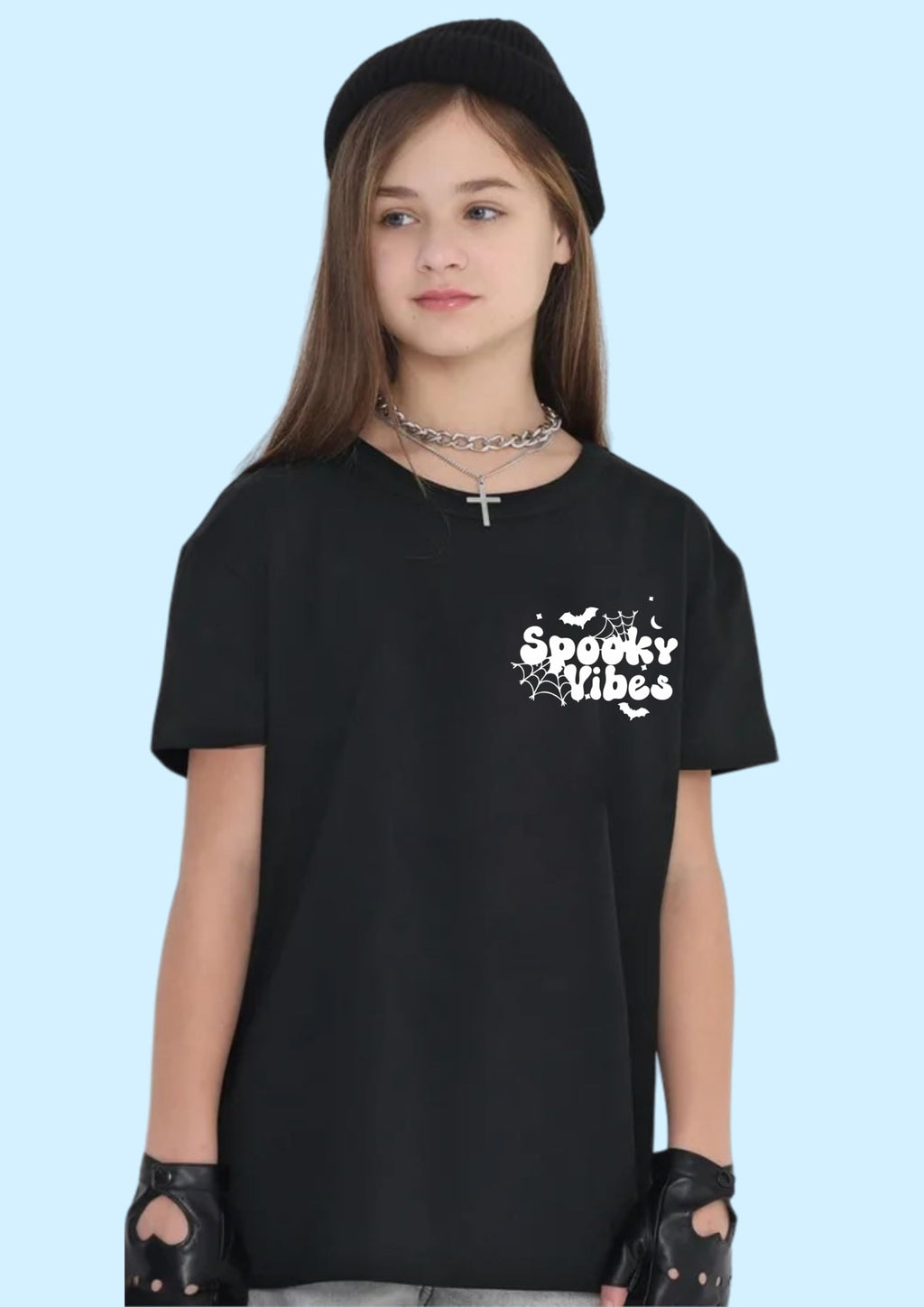 Uniplanet Store GirlS Cotton T-Shirts With Back Spooky Vibes Graphic Prints Round Neck Half Sleeves Regular Fit And Standard Le