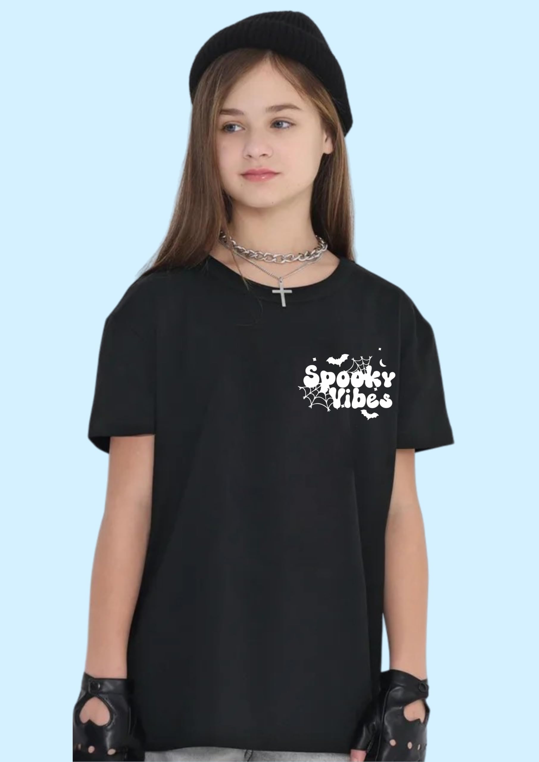 Uniplanet Store GirlS Cotton T-Shirts With Back Spooky Vibes Graphic Prints Round Neck Half Sleeves Regular Fit And Standard Le