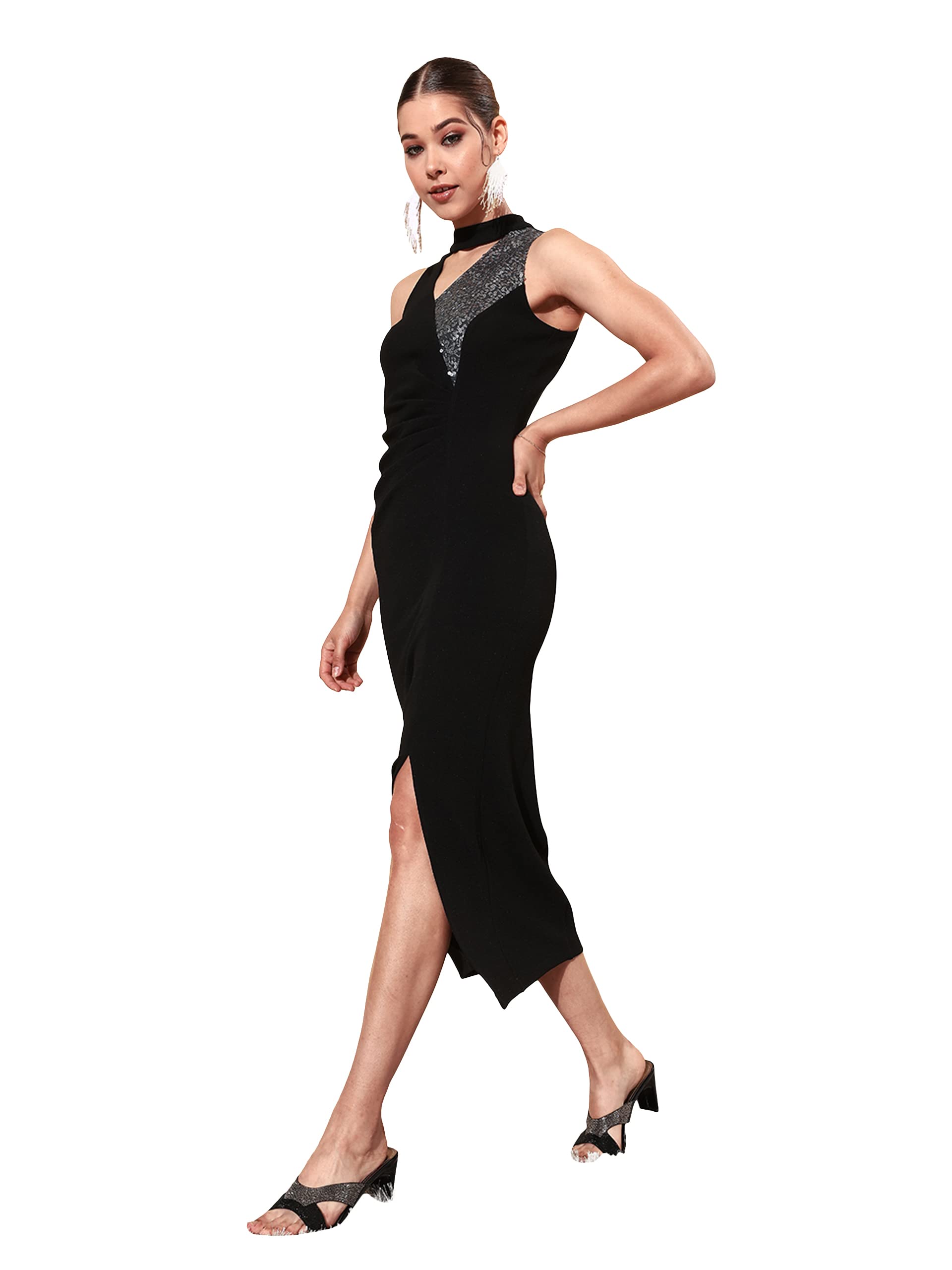 Miss Chase WomenS Black & Silver Choker Neck Sleeveless Embellished Midi Dress (Mcss22D13-67-242-05, Black & Silver, L)