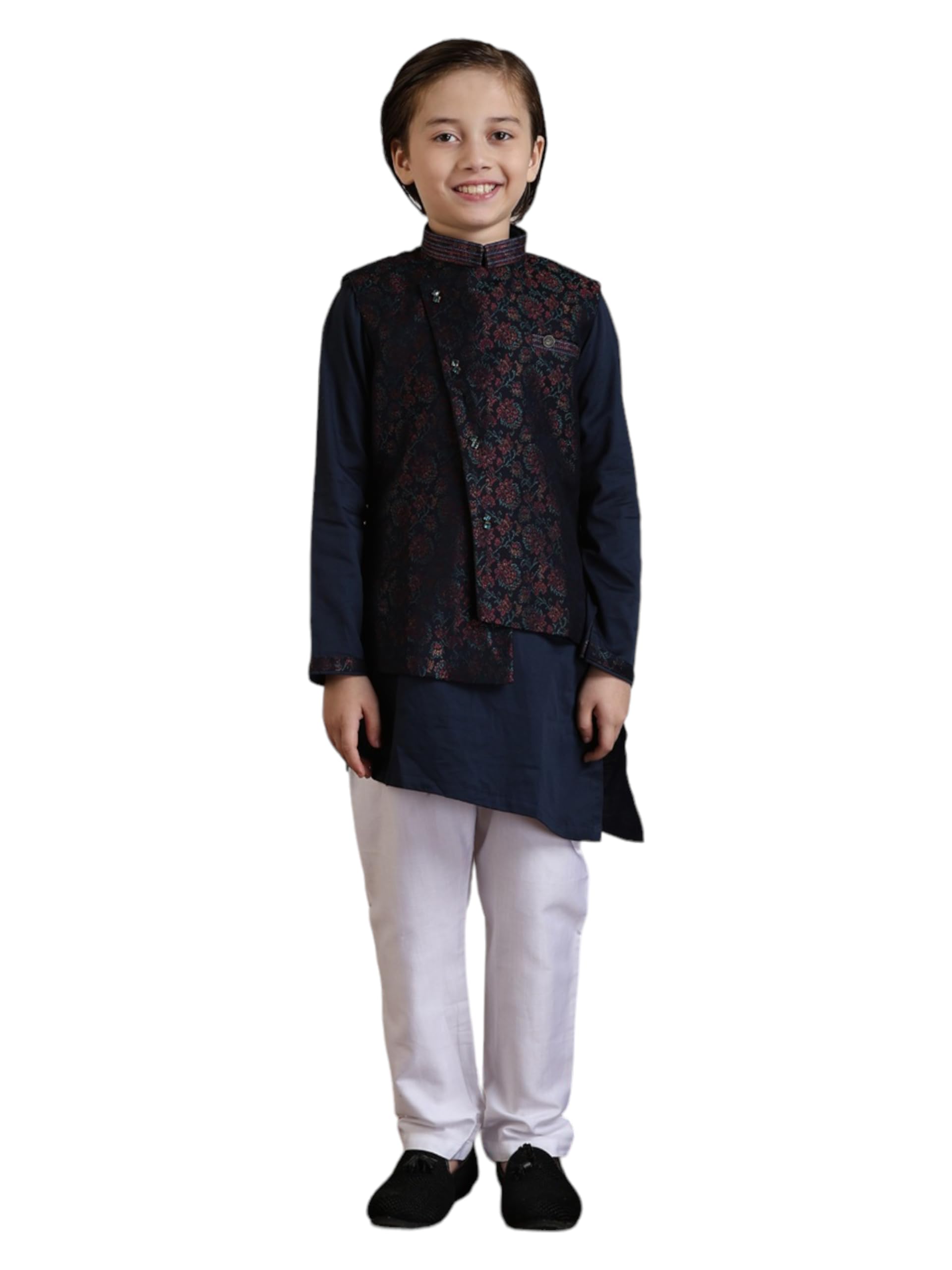 Manyavar Brocade Embroidery|Zari Kurta Jacket Pyjama Set for Child(8-10 years)