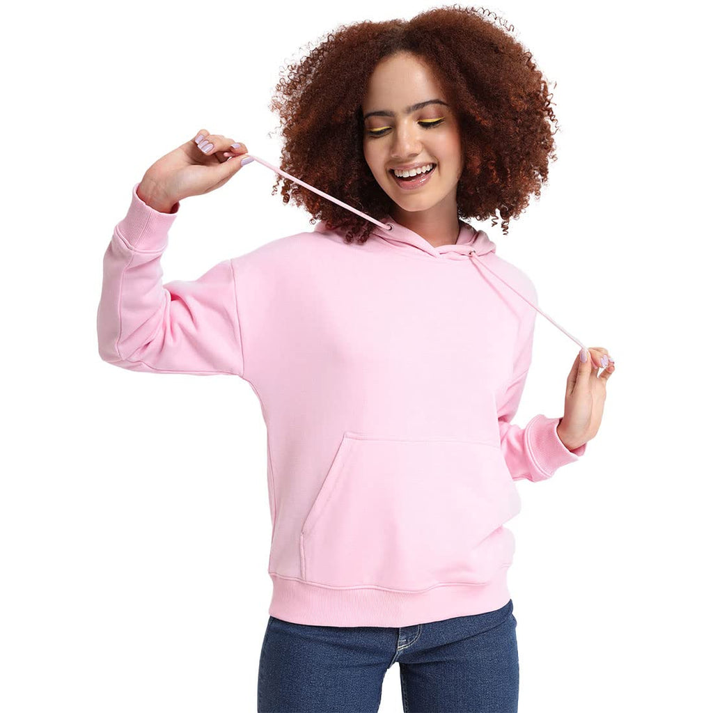 Bewakoof Womens Solid Oversized Fit Full Sleeve Terry Hoodies Pink