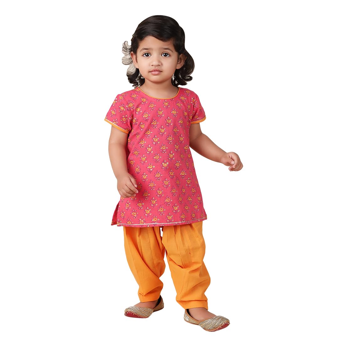 Fabindia Girl'S Cotton Floral Print Regular Fit Kurta Set (1030930Pink_Pink & Yellow