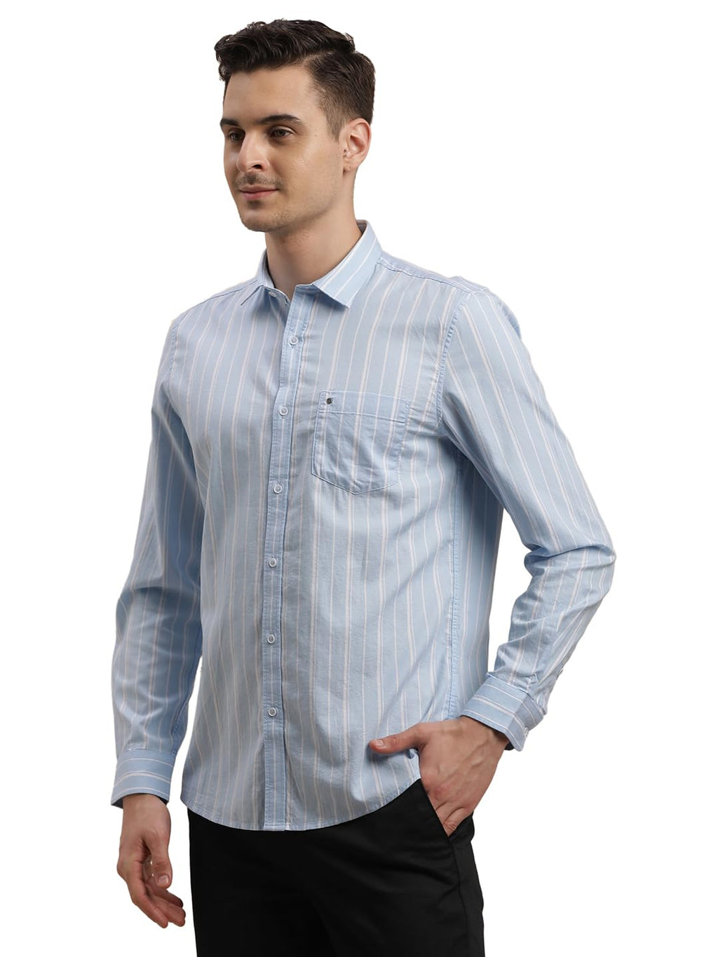 Turtle Men 100% Cotton Stripe Slim Fit Light Blue Casual Shirt
