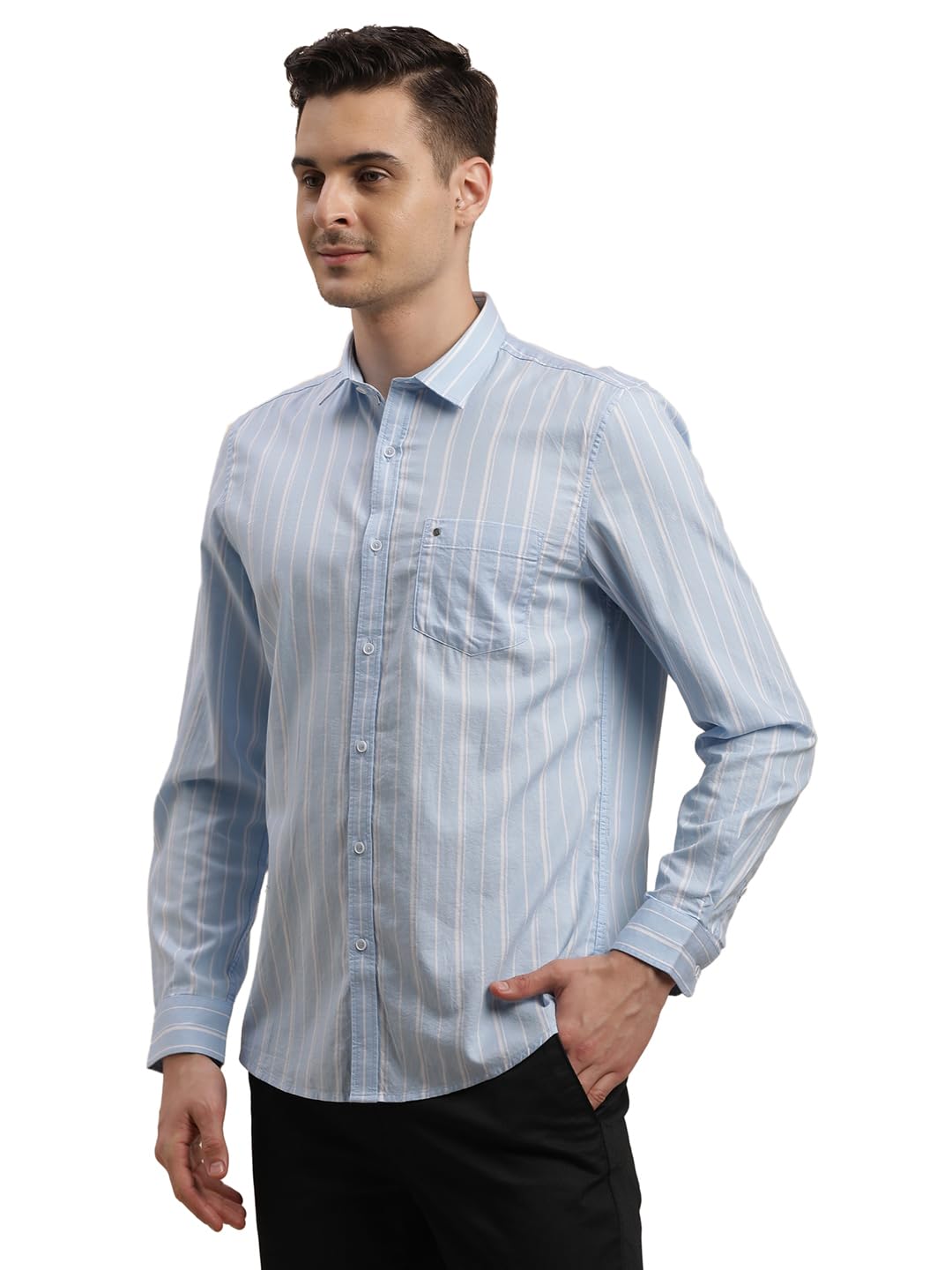 Turtle Men 100% Cotton Stripe Slim Fit Light Blue Casual Shirt