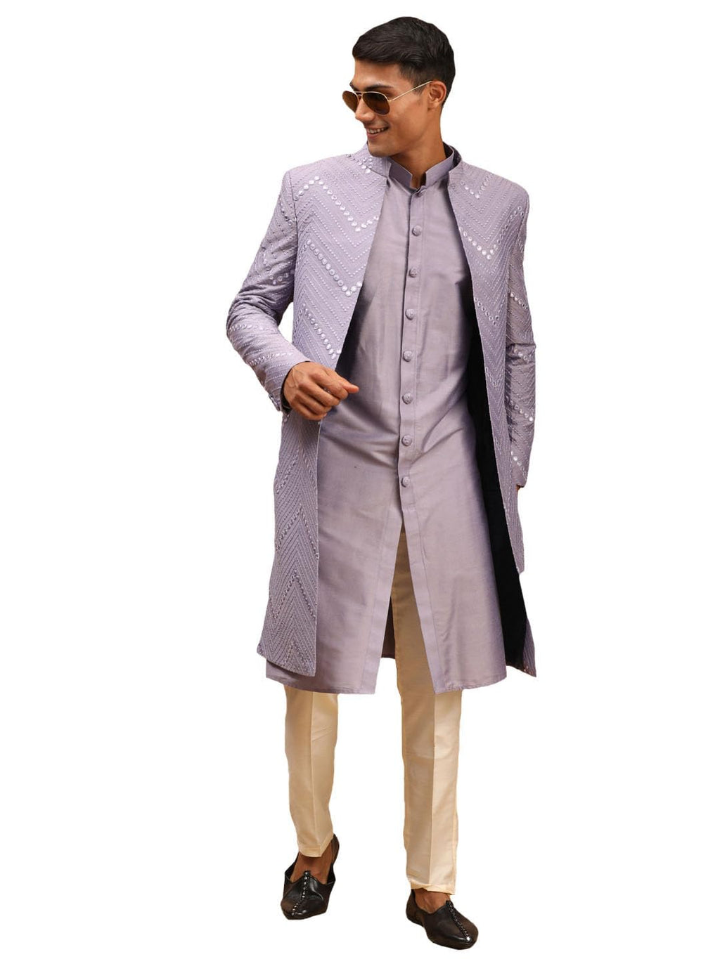 VASTRAMAY Mirror Work Front Open Sherwani Set with Pant Style Pyjama for Men  Elegant Ethnic Wear for Weddings & Festivals