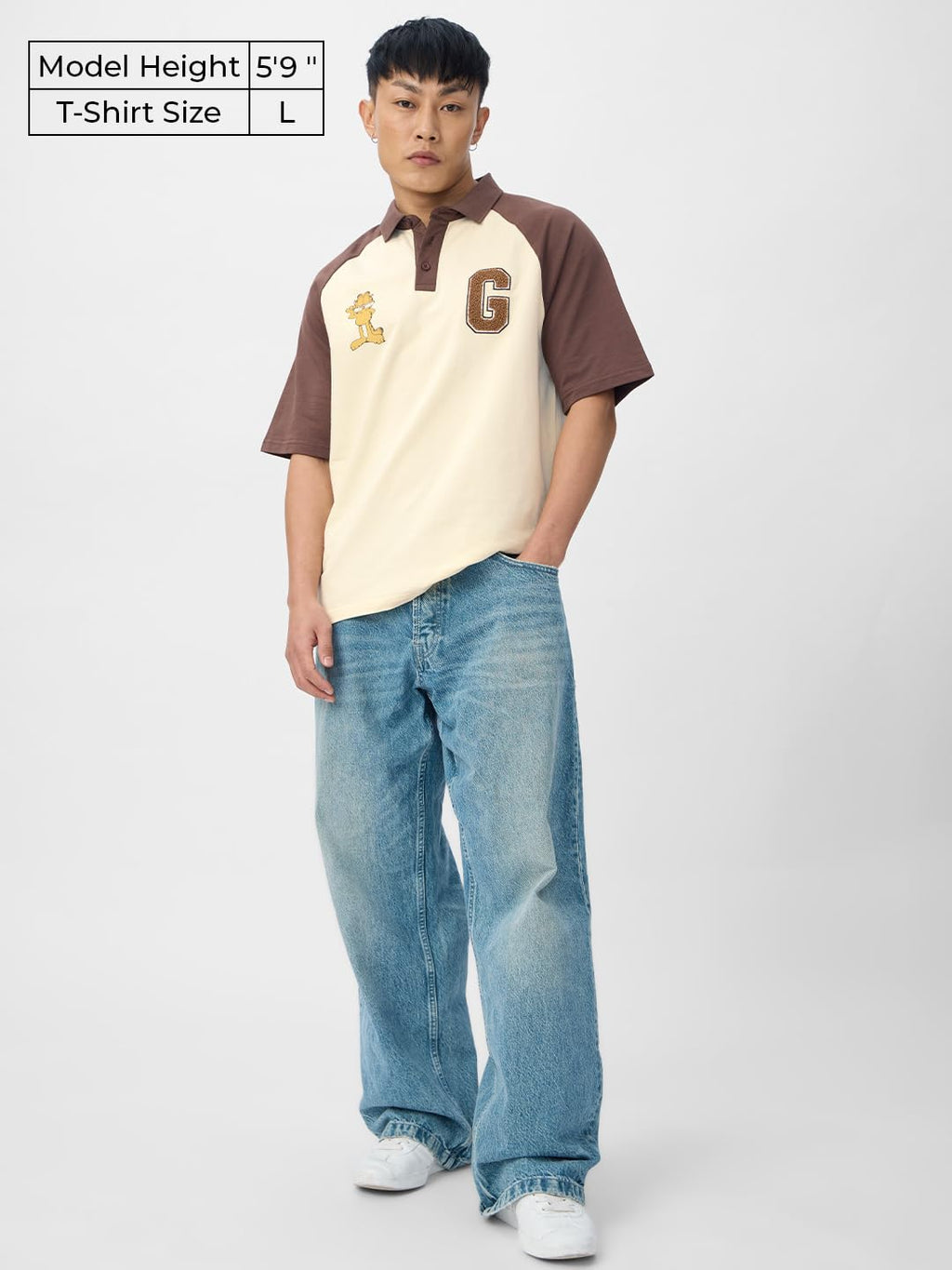 The Souled Store Colourblock Polo: Garfield Men and Boys Short Sleeves Collared Neck Beige and Brown Embroidered Cotton Oversize