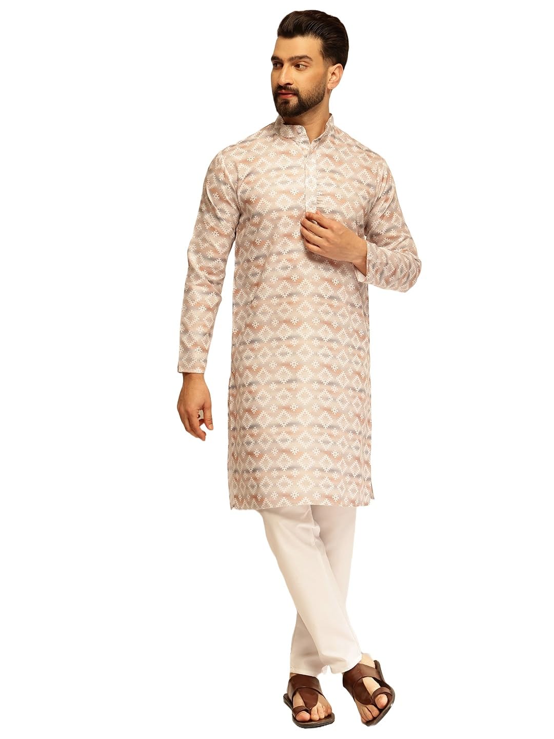 SOJANYA (Since 1958 Mens Cotton Linen Self Design Beige Kurta With White Pyjama