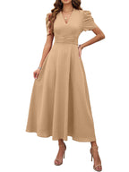 Shasmi Girls & Womens Skin Solid Color V-Neck A-Line Maxi Dress for Women | New Year Party Outfit | Waist Cinched Puff Sleeve 