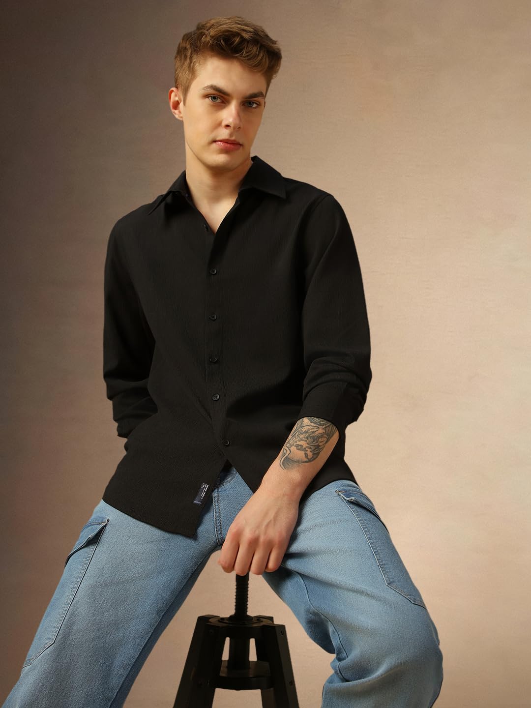 Dennis Lingo Men Black Solid Cotton Regular Fit Full Sleeve Shirts