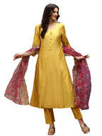 Ishin V-Neck Three-Quarter Sleeves Kurta With Trousers & With Printed Dupatta | Kurta Set For Women | Kurta With Trousers And Du