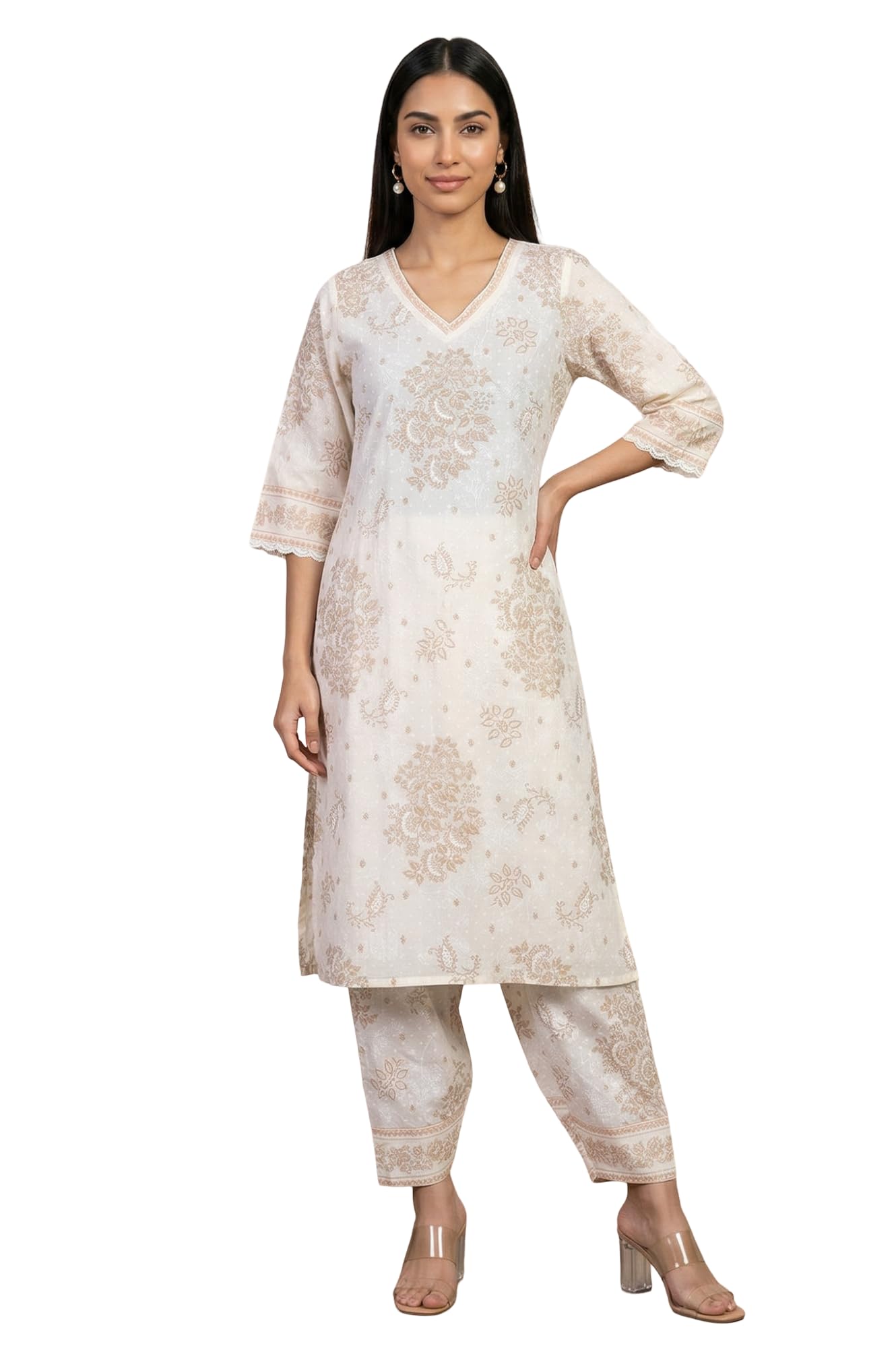 Aurelia WomenS Off White Floral Printed Lace Cotton Straight Kurta With Salwar Co-Ord Set - (As16646-510814-Xl)