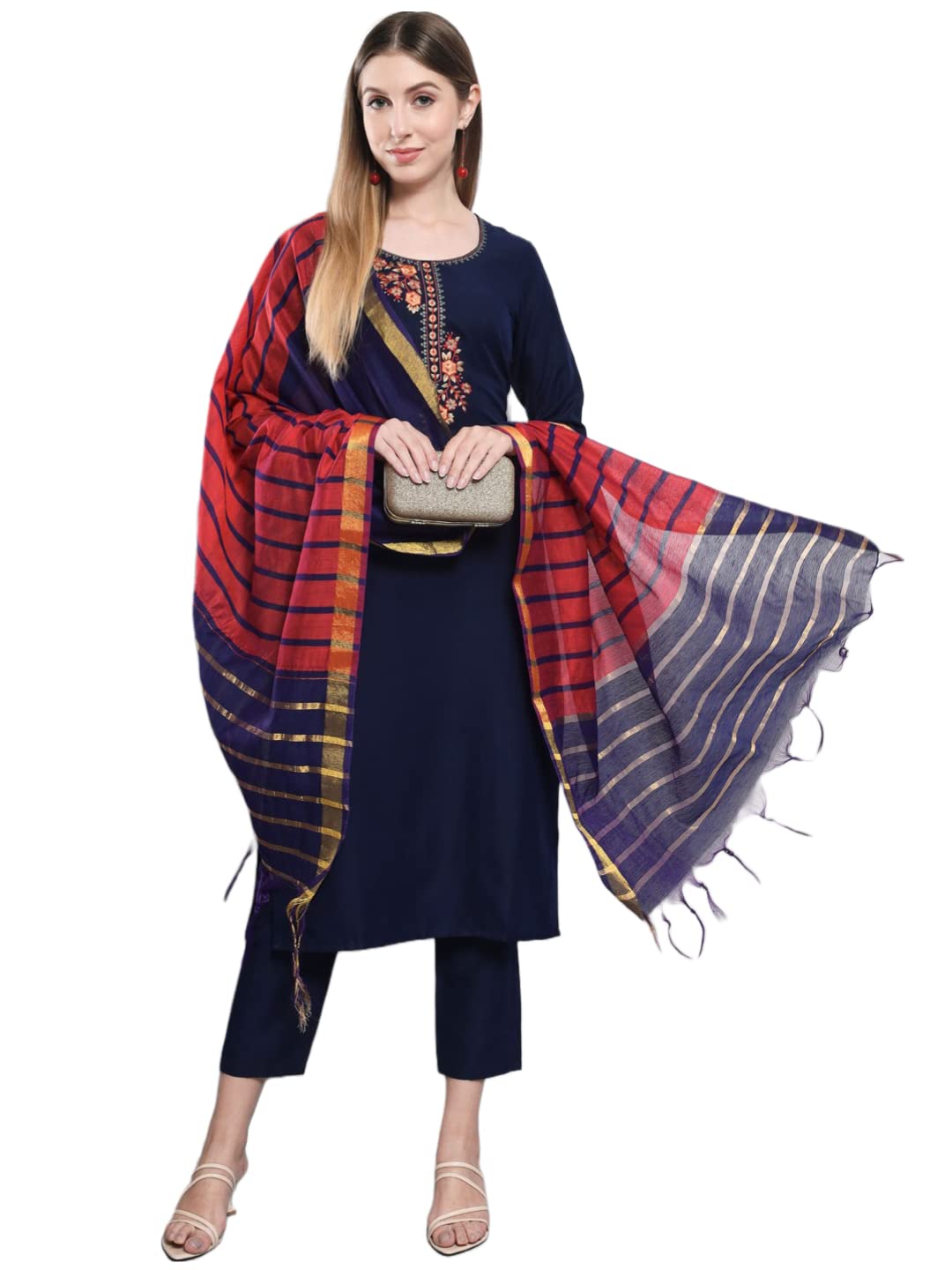 ANNI DESIGNER Womens Cotton Blend Solid Straight Kurta with Pants & Dupatta (RAGA-BLUE_XL_Blue_X-Large)