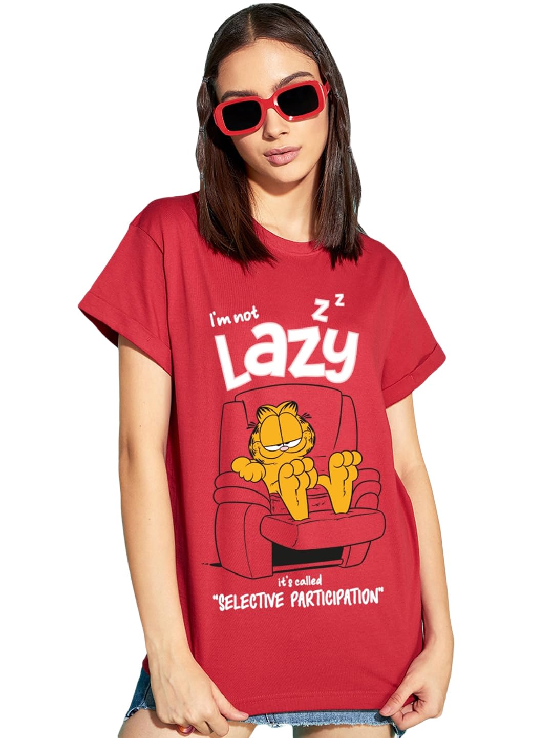 Bewakoof Women Cotton Loose Fit X Official Garfield Merchandise Selective Participation Graphic Printed T-Shirt - Boyfriend Fit,