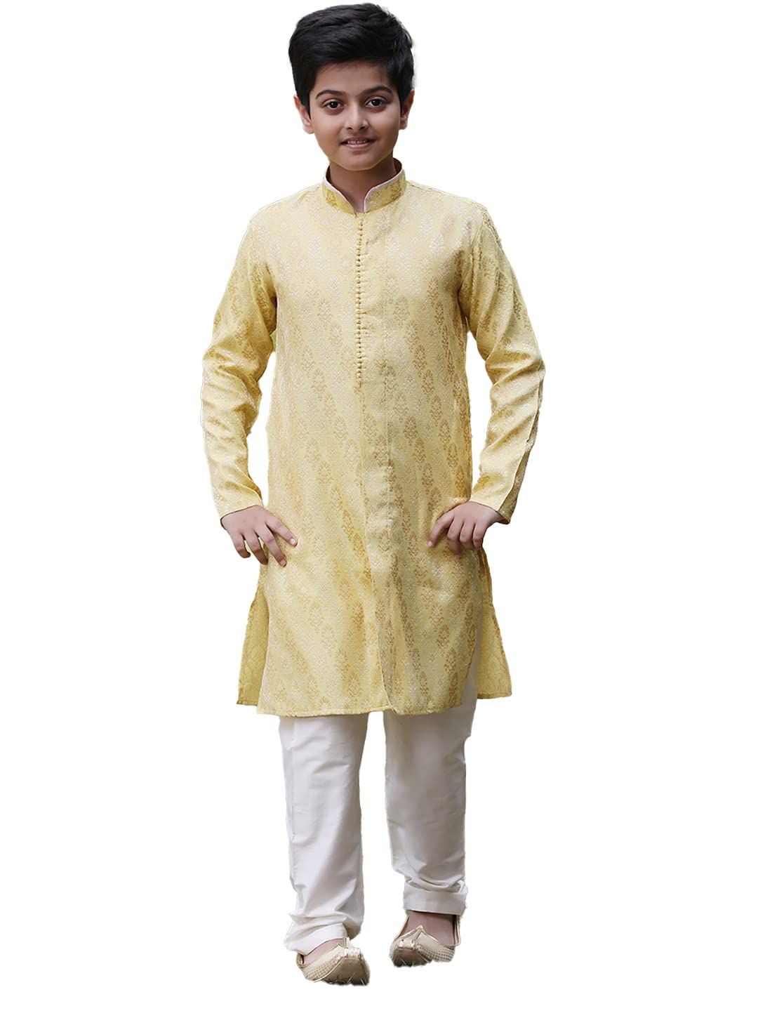 Manyavar Blended Silk Full Sleeve Self Design Kurta Pajama Set For Kids And Boys(8-10 Years)