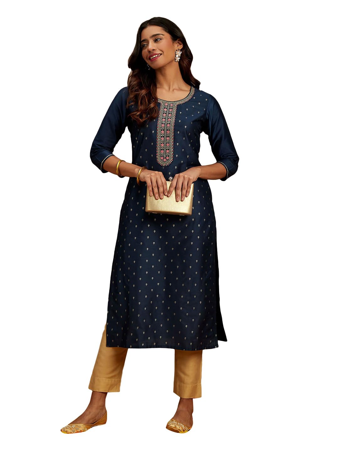 Libas WomenS Chanderi Embellished Straight Kurta (58021_Blue