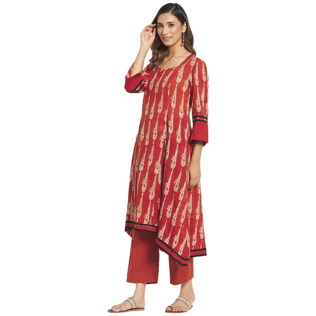 Fabindia Red Cotton Printed Long Kurta Set