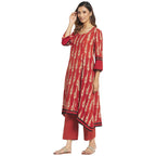 Fabindia Red Cotton Printed Long Kurta Set