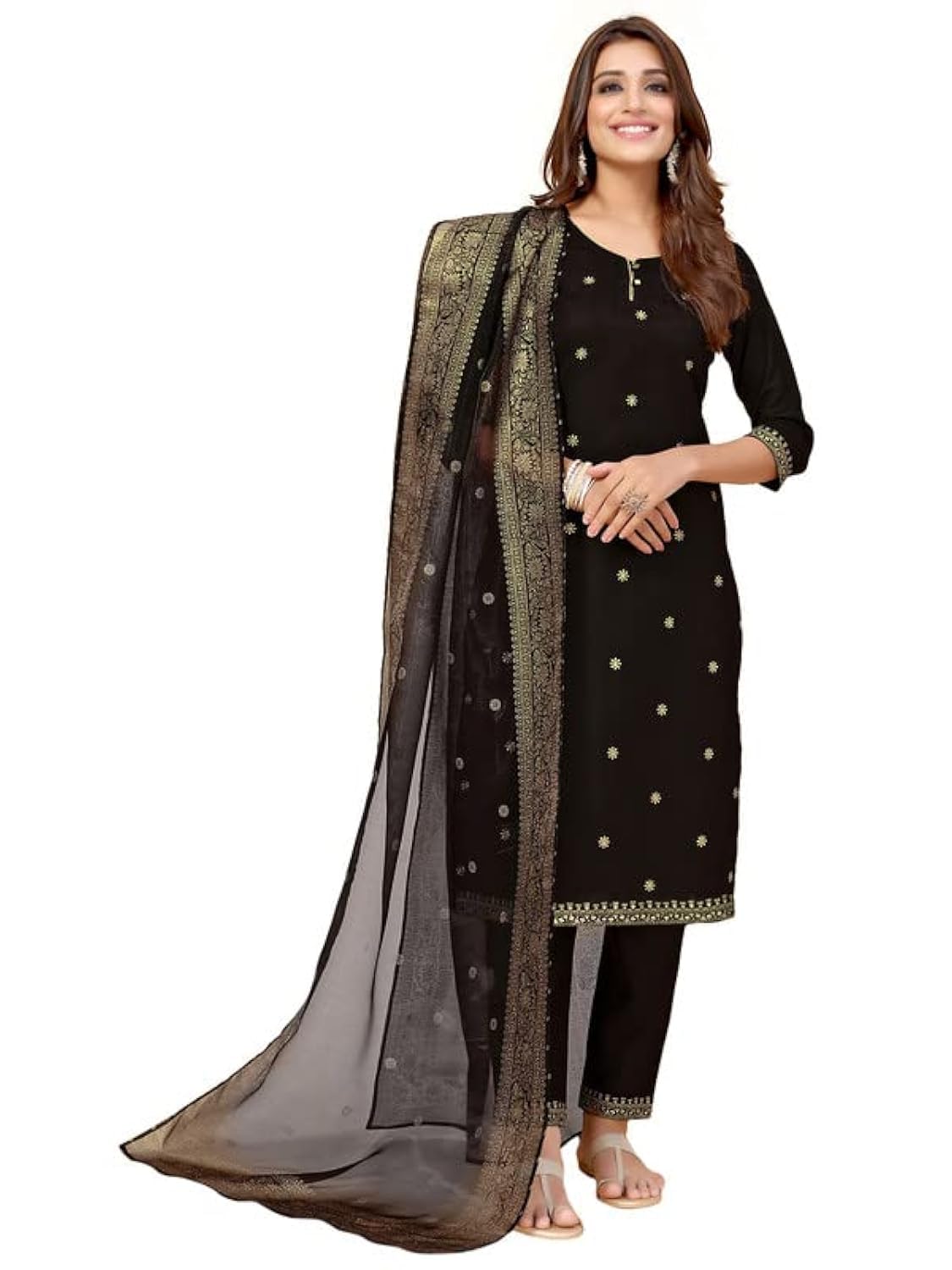 Sanisa Women'S Embroidery Rayon Slub Straight Kurta Set With Dupatta (41Kbd502N-M_Black)