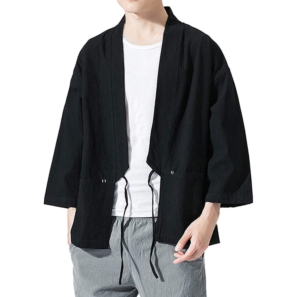 Haseil Men's Kimono Cardigan Japanese Jackets Casual Cotton 3/4 Sleeve Shirt Open Front Coat Lightweight Linen Yukata, Black, Ta