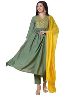 ANNI DESIGNER Womens Rayon Viscose Anarkali Embroidered Kurta with Pant & Dupatta (Padari Green_S_Green_Small)