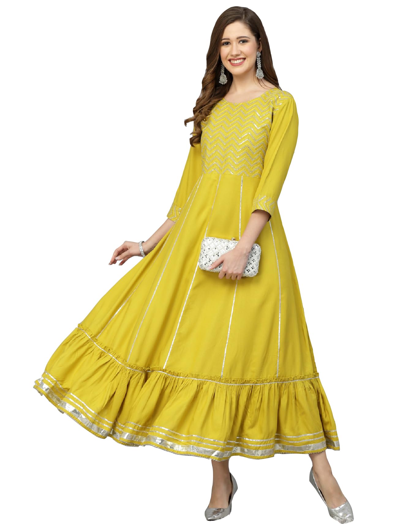 Stylum Women'S Embroidered & Embellished Rayon Anarkali Kurta (Sweetcorn38_Lime Green, M)
