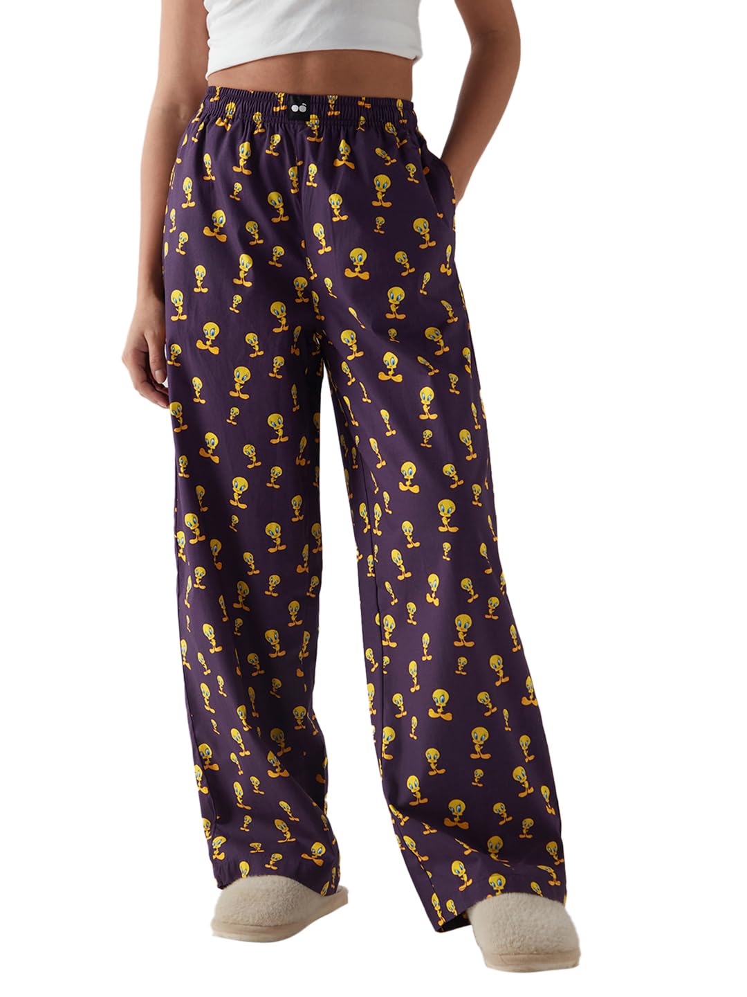 Bewakoof WomenS Official Looney Tunes Merchandise Tweety All Over Printed Wide Leg Poplin Pyjama_644696_Purple_S