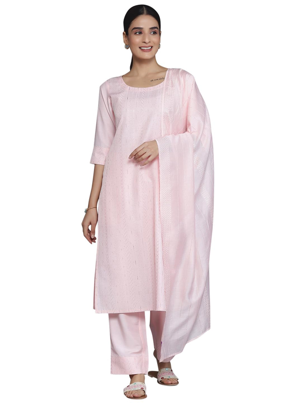 Libas Womens Self Design Silk Blend Straight Kurta With Palazzos And Dupatta