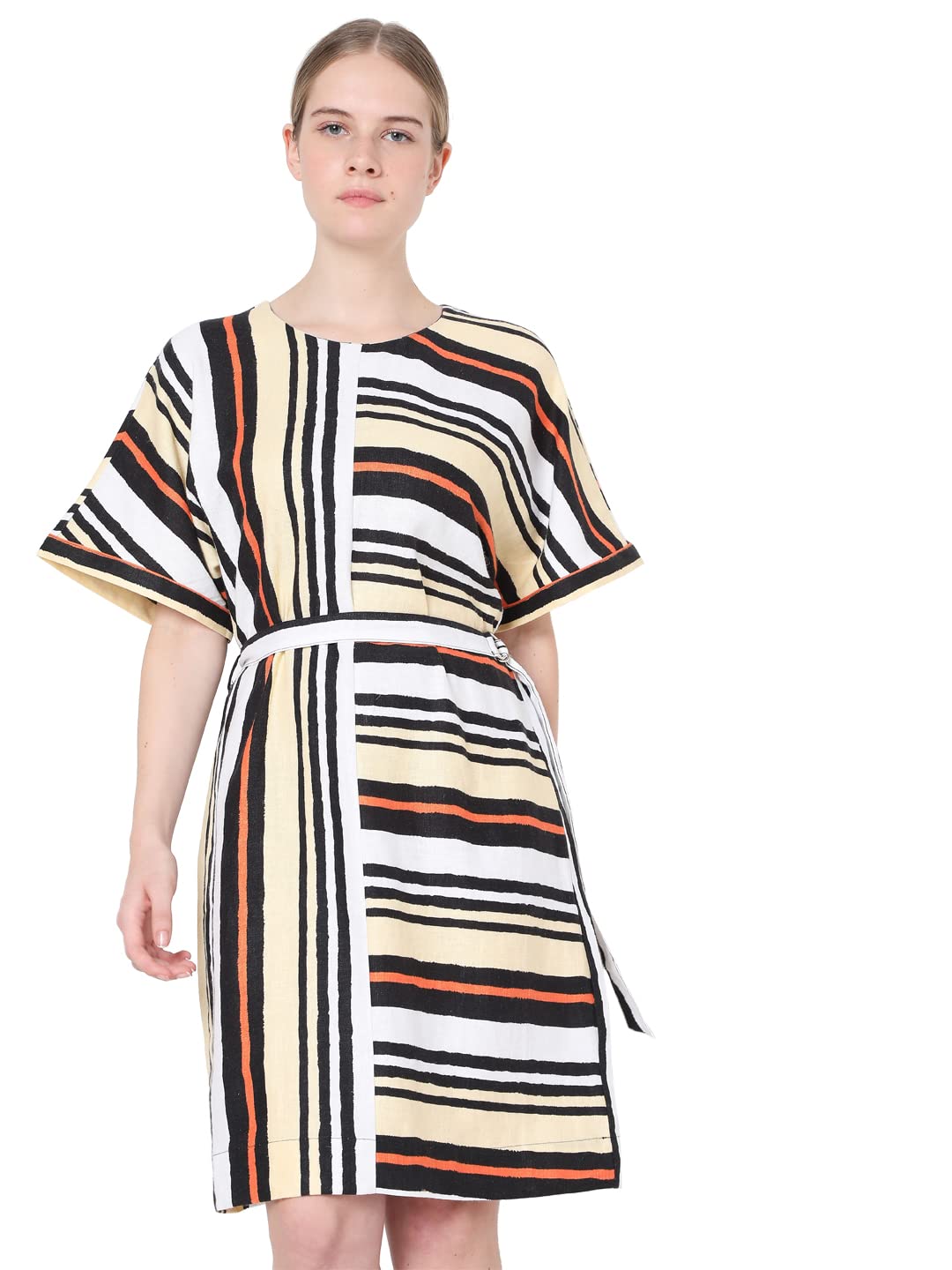 Vero Moda WomenS Linen Blend Shift Knee-Length Dress (10272607-Snow White_Snow L)