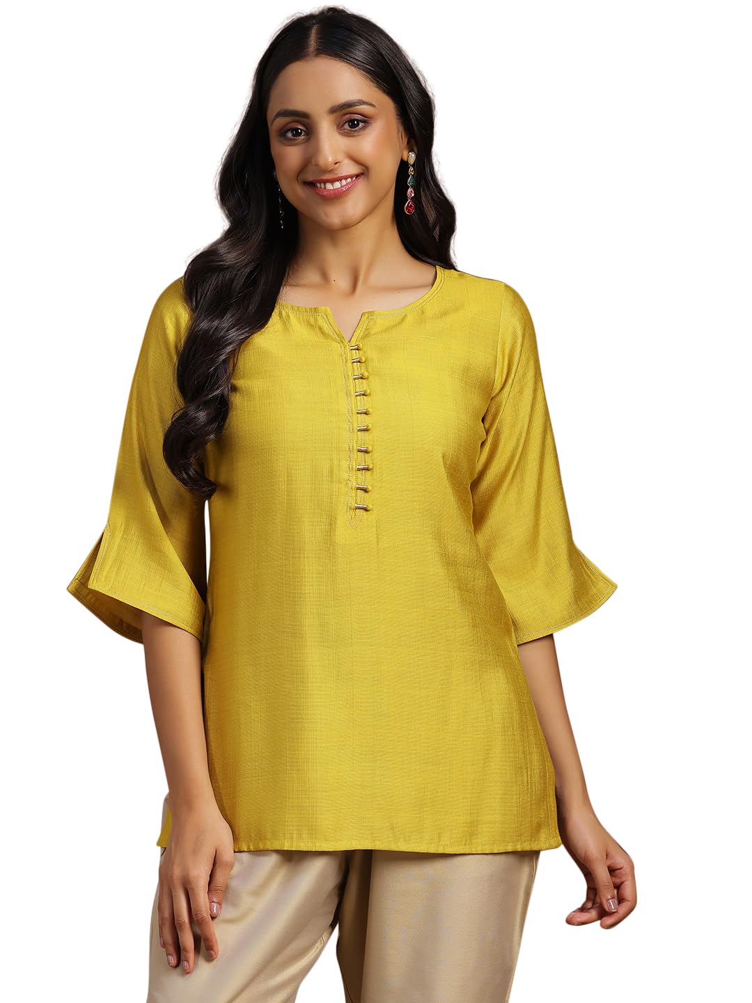Libas WomenS Silk Blend Solid Straight Kurtis (29150_Yellow