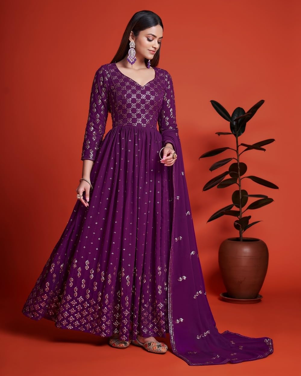 Fashion Basket Women'S Anarakali Kurta With Dupatta Set (Purple)