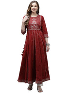 Ishin Women'S Cotton Maroon Yoke Embellished Bandhani Anarkali Kurta