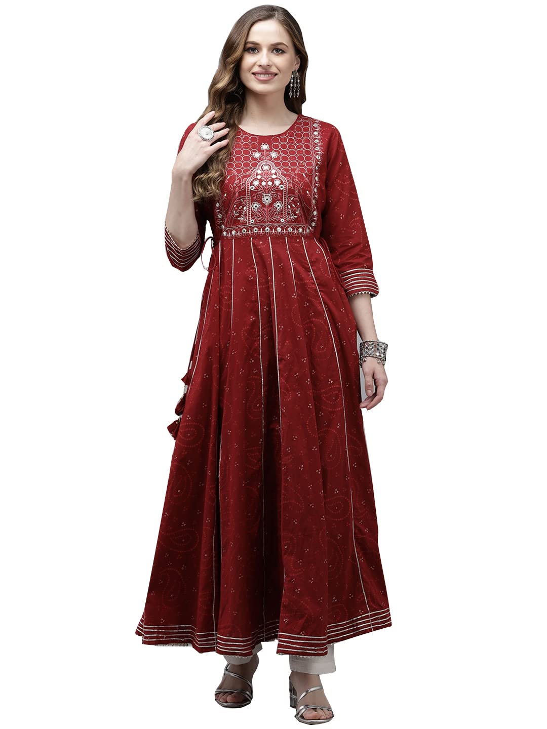 Ishin Women'S Cotton Maroon Yoke Embellished Bandhani Anarkali Kurta