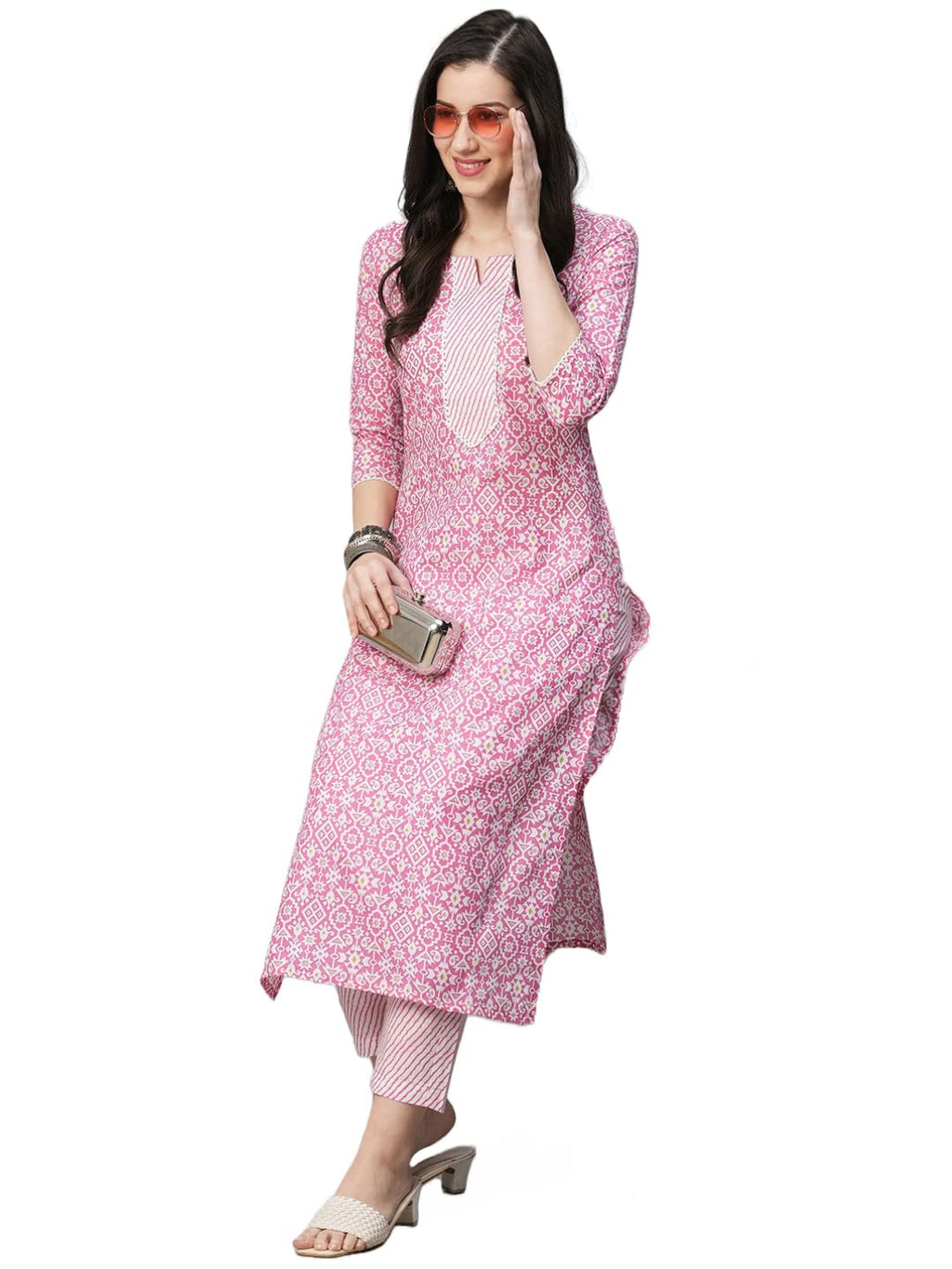 ANNI DESIGNER Womens Cotton Blend Printed Straight Kurta with Pant (Kavi Pink-Nw_XXL_Pink_XX-Large)