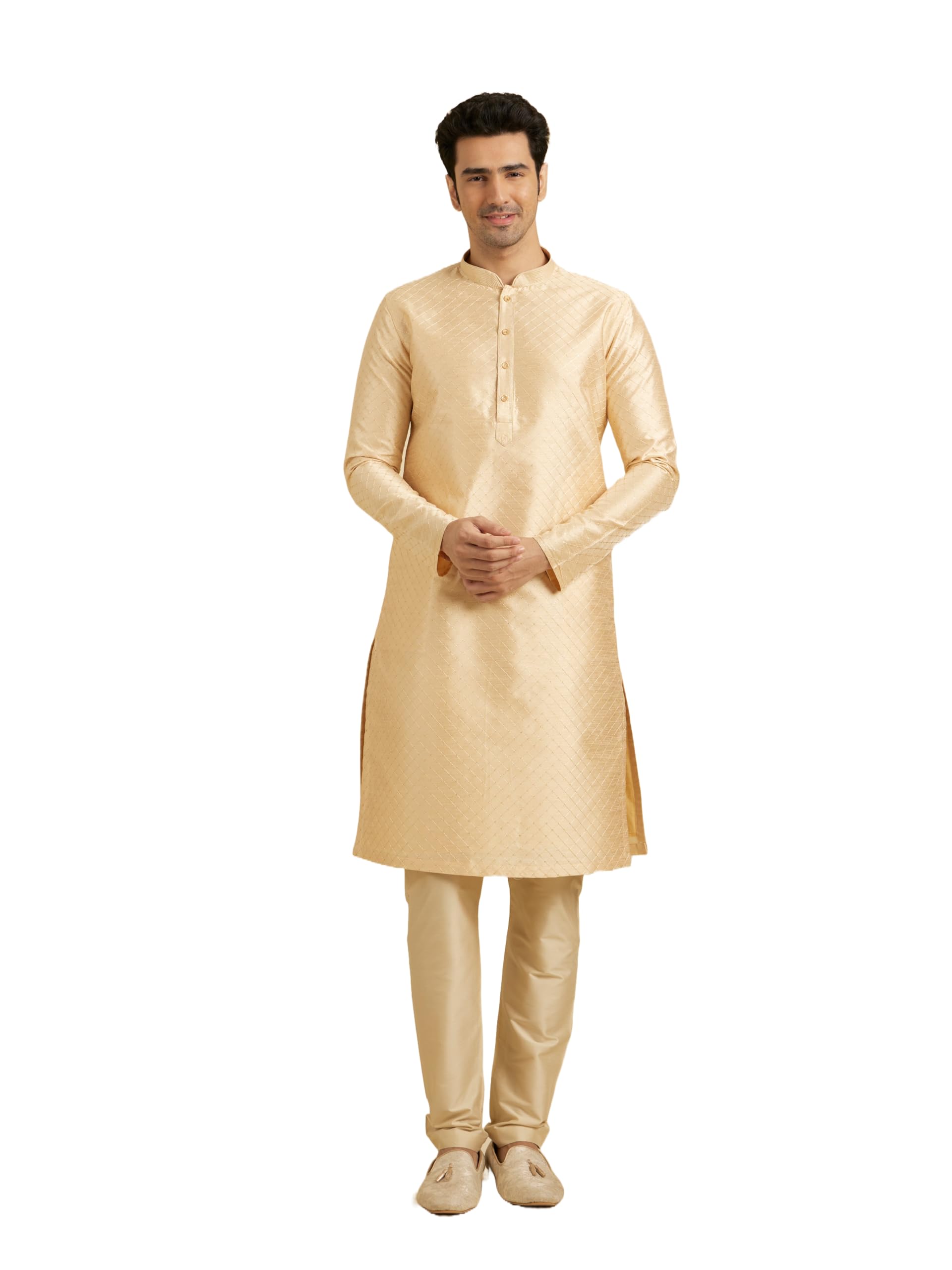 Manyavar Mens Light Cream Embroidered Kurta Set (Fawn,XL)