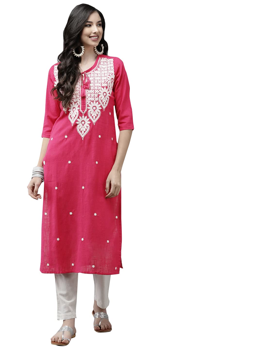 Ishin Women'S Cotton Pink Embroidered A-Line Kurta