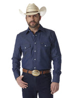 Wrangler Mens Cowboy Cut Western Two Pocket Long Sleeve Snap Work Shirt - Firm Finish - B&T,Indigo,X-Large Tall