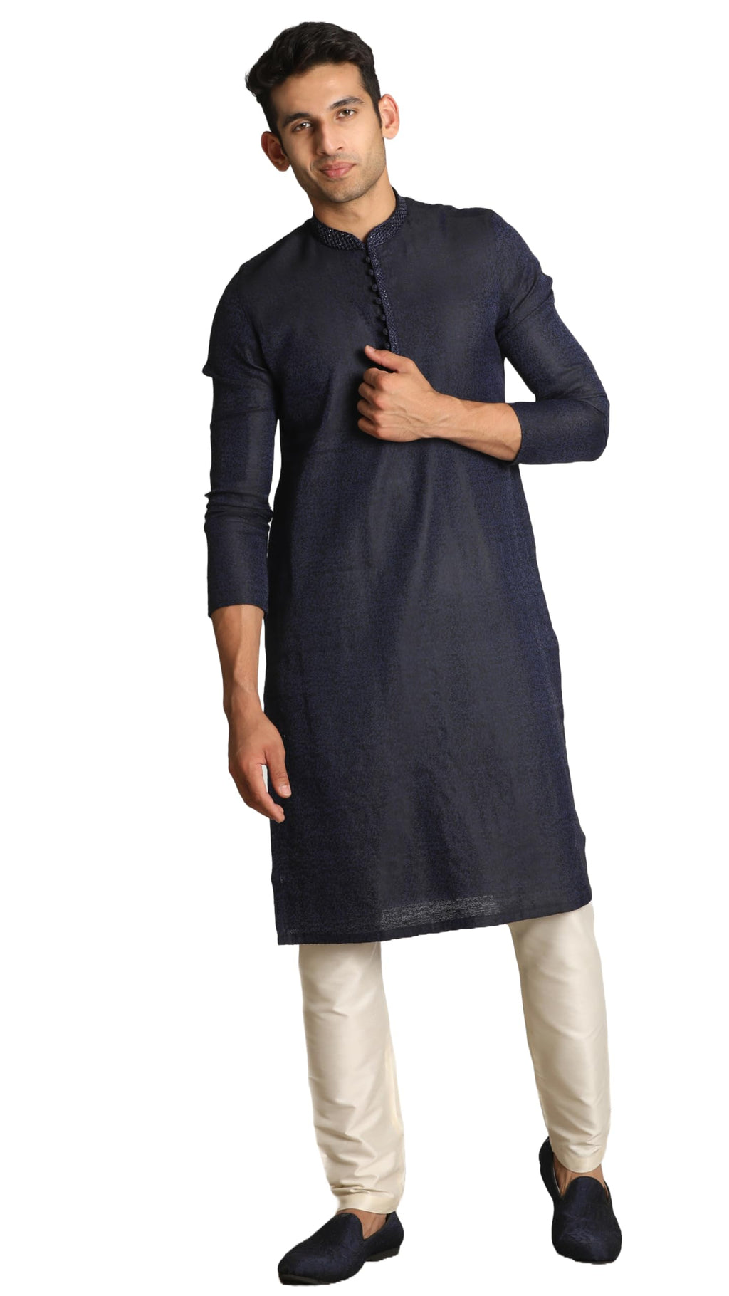 Manyavar Jacquard Design Knee Long Full Sleeves Kurta And Churidar Set For Men - (Blue, Xx-Large)