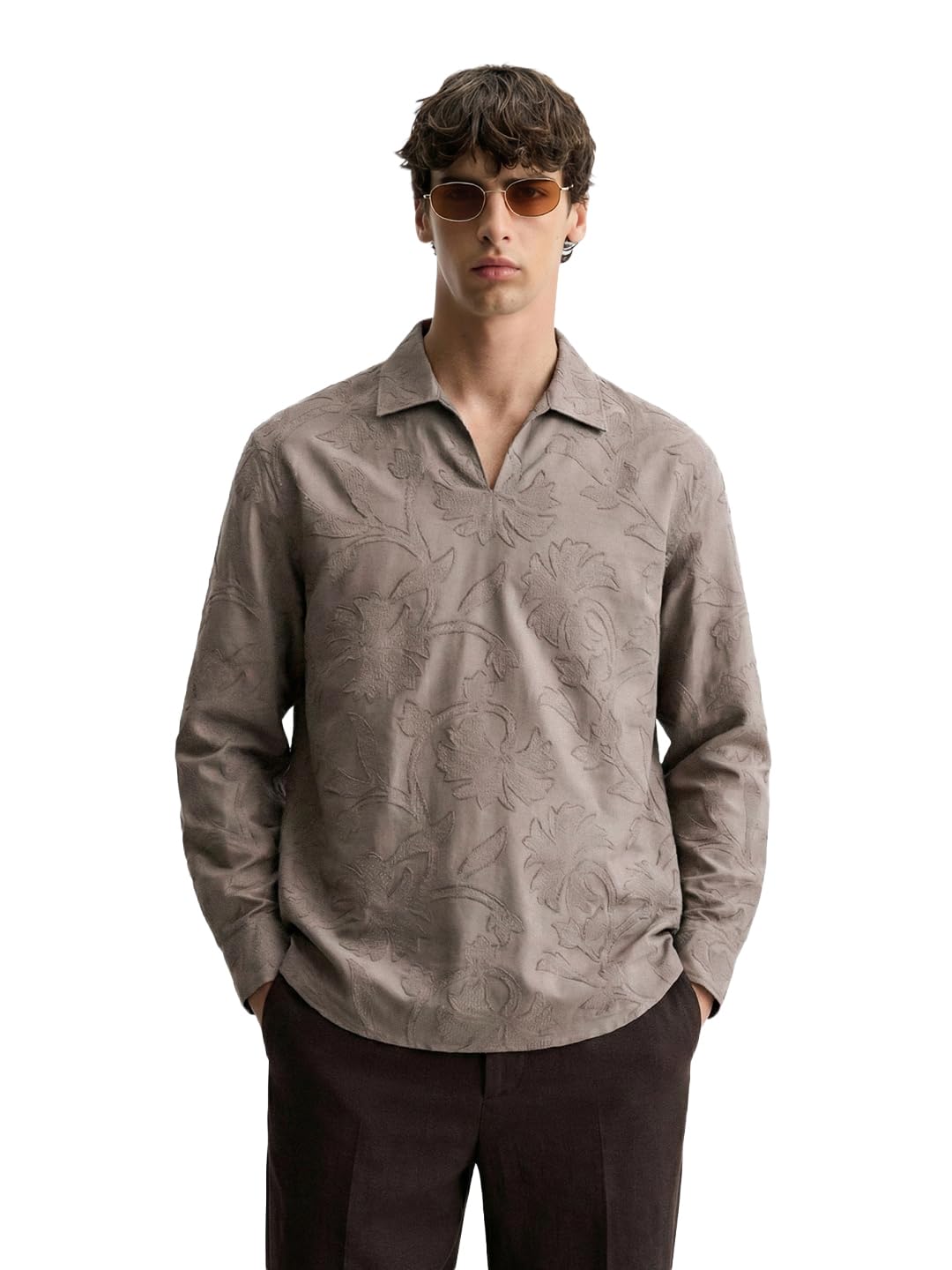 The Indian Garage Co Mens Relaxed Fit Textured Resort Collar Long Sleeves Resort Sweater