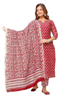 Pinkmint Women Cotton Blend Straight Printed Kurta with Pant & Dupatta Red