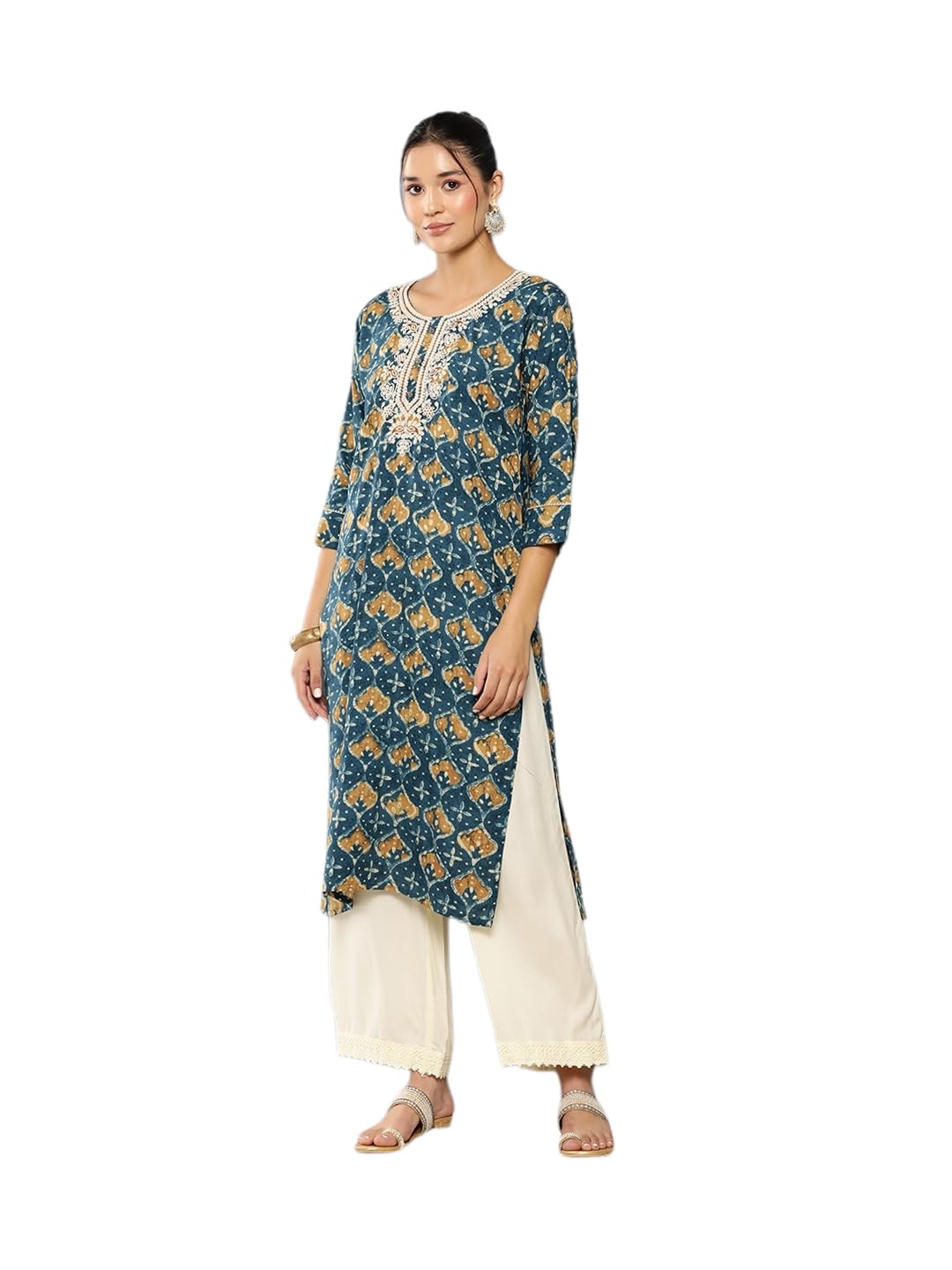 Aarika Womens Teal Blue Colour Abstract Print Thread Embroidery Cotton Kurti (M-3Xl)
