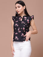 OOMPH! Womens Crepe Printed top with Tie Neck and Ruffle Sleeve