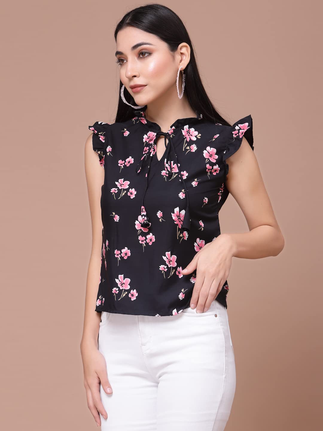 OOMPH! Womens Crepe Printed top with Tie Neck and Ruffle Sleeve