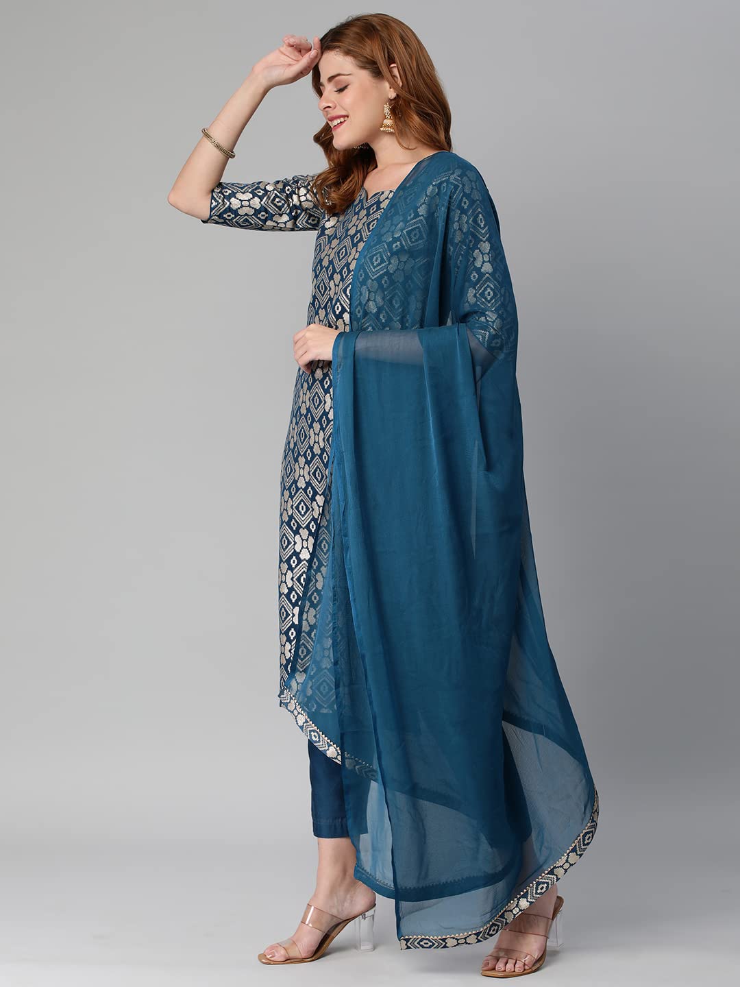 ANNI DESIGNER Womens Banarasi Woven Straight Embellished Printed Kurta with Pant & Dupatta (KABZAA-Cerosin-Nw_XL_Dark Blue_X-La